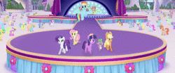 Size: 1280x536 | Tagged: safe, screencap, applejack, derpy hooves, fleetfoot, fluttershy, rainbow dash, rarity, silver lining, silver zoom, soarin', spike, twilight sparkle, alicorn, dragon, pony, g4, my little pony: the movie, animated, clumsy, fake horn, falling, no sound, stage, twilight sparkle (alicorn), webm, wonderbolts
