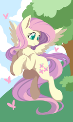 Size: 3000x5000 | Tagged: safe, artist:foxcarp, fluttershy, butterfly, pegasus, pony, cloud, female, flying, mare, outdoors, sky, smiling, solo, tree