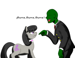 Size: 2500x1923 | Tagged: safe, artist:haetran, artist:rustyhorsedrawfag, octavia melody, oc, oc:anon, earth pony, human, pony, g4, angry, burroctavia, duo, female, male, mare, mocking, octavia is not amused, simple background, spanish, transparent background, unamused, vector