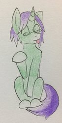 Size: 1032x2048 | Tagged: safe, artist:sherbet posy, oc, oc only, oc:crescent star, crystal pony, crystal unicorn, pony, unicorn, eyes closed, glasses, male, solo, stallion, tongue out, traditional art