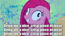Size: 624x350 | Tagged: safe, edit, edited screencap, screencap, pinkie pie, g4, party of one, contemplating insanity, enderal, image macro, meme, pinkamena diane pie, ponies eating meat, text