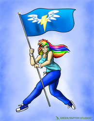 Size: 1024x1321 | Tagged: safe, artist:pete-da-graptor, rainbow dash, human, g4, clothes, converse, female, flag, humanized, looking at you, pants, shoes, sneakers, solo, wonderbolts, wonderbolts flag