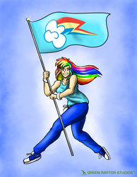 Size: 3021x3896 | Tagged: safe, artist:pete-da-graptor, rainbow dash, human, g4, clothes, converse, female, flag, high res, humanized, looking at you, pants, shoes, sneakers, solo