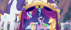Size: 400x168 | Tagged: safe, screencap, applejack, fluttershy, rainbow dash, rarity, spike, twilight sparkle, alicorn, dragon, earth pony, pegasus, pony, unicorn, g4, my little pony: the movie, animated, background pony, butt, canterlot, female, flying, gif, male, mare, plot, singing, song, stage, twilight sparkle (alicorn), unnamed character, unnamed pony, we got this together