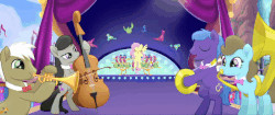 Size: 640x268 | Tagged: safe, screencap, beauty brass, fluttershy, frederic horseshoepin, octavia melody, parish nandermane, bird, earth pony, pegasus, pony, g4, my little pony: the movie, animated, bipedal, cello, cymbals, female, gif, male, mare, musical instrument, playing instrument, sousaphone, stallion, trumpet