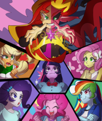 Size: 1271x1500 | Tagged: safe, artist:cofotory, applejack, fluttershy, pinkie pie, rainbow dash, rarity, sunset shimmer, twilight sparkle, equestria girls, g4, my little pony equestria girls, clothes, crown, element of magic, evil smile, grin, group, jewelry, mane six, regalia, smiling, sunset satan