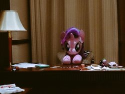 Size: 1024x767 | Tagged: safe, artist:nekokevin, spike, starlight glimmer, dragon, pony, unicorn, series:nekokevin's glimmy, g4, curtains, cute, irl, lamp, life size, male, not evil, photo, plushie, she's up to something, sitting, size difference, solo, table, toy