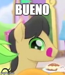 Size: 246x284 | Tagged: safe, edit, edited screencap, screencap, apple fritter, caramel apple, golden delicious, earth pony, pony, g4, my little pony: the movie, apple family member, background pony, bueno, female, festival of friendship, image macro, licking, licking lips, looking at you, male, mare, meme, reaction image, solo focus, stallion, tongue out