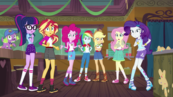 Size: 1280x720 | Tagged: safe, screencap, applejack, fluttershy, pinkie pie, rainbow dash, rarity, sci-twi, spike, spike the regular dog, sunset shimmer, twilight sparkle, dog, equestria girls, g4, my little pony equestria girls: legend of everfree, clothes, converse, denim shorts, freckles, glasses, humane five, humane seven, humane six, legs, open mouth, shoes, sleeveless, sneakers, tank top