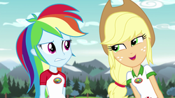 Size: 1280x720 | Tagged: safe, screencap, applejack, rainbow dash, equestria girls, g4, my little pony equestria girls: legend of everfree, camp everfree outfits, clothes, cowboy hat, female, freckles, hat, open mouth, scenery, stetson