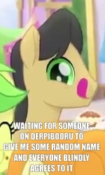 Size: 300x500 | Tagged: safe, edit, edited screencap, screencap, apple fritter, cherry cola, cherry fizzy, earth pony, pony, g4, my little pony: the movie, apple family member, cropped, image macro, licking, licking lips, looking at you, meme, solo focus, tongue out