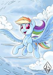 Size: 1240x1748 | Tagged: safe, artist:sea-maas, rainbow dash, pegasus, pony, g4, female, flying, happy, mare, sky, smiling, solo