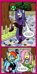 Size: 1500x3000 | Tagged: safe, artist:regularmouseboy, fluttershy, rainbow dash, rarity, pegasus, unicorn, anthro, plantigrade anthro, g4, alternate hairstyle, armpits, belly button, book, clothes, comic, cutie mark, flat colors, football, hypnosis, hypnotized, leaves, midriff, out of character, park, personality change, phone, pocket watch, recording, scared, speech bubble, sweat, sweater, sweatershy, tomboy, tomboy rarity, tree