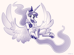 Size: 1924x1433 | Tagged: safe, artist:imalou, princess luna, alicorn, pony, g4, cute, excited, female, happy, lunabetes, mare, monochrome, simple background, smiling, solo