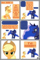 Size: 3254x4837 | Tagged: safe, artist:gutovi, applejack, princess luna, alicorn, earth pony, pony, comic:why me!?, g4, awkward, comic, dialogue, dream, duo, embarrassed, female, mare, simple background, unconvinced applejack, white background