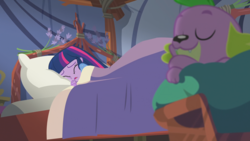 Size: 1920x1080 | Tagged: safe, screencap, sci-twi, spike, spike the regular dog, twilight sparkle, dog, equestria girls, g4, my little pony equestria girls: legend of everfree, bed, covers, flower, pillow, sleeping