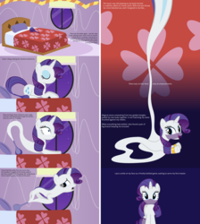Size: 8256x9216 | Tagged: safe, artist:parclytaxel, part of a set, rarity, genie, genie pony, pony, unicorn, ain't never had friends like us, ask generous genie rarity, g4, .svg available, absurd resolution, armband, ask, bed, bedroom, blinds, bottle, carousel boutique, comic, eyes closed, female, geniefied, leg brace, looking at you, looking back, mare, night, open mouth, part of a series, prone, smiling, solo, stars, tumblr, vector, veil, window