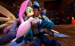 Size: 1024x640 | Tagged: safe, fluttershy, anthro, g4, 3d, archimedes, crossover, fluttermedic, kissing, medic, medic (tf2), medishy, shipping, team fortress 2