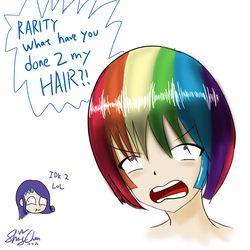 Size: 1200x1200 | Tagged: safe, artist:linlaifeng, rainbow dash, rarity, human, equestria girls, g4, alternate hairstyle, angry, anime, derp, female, funny, haircut, humanized, multicolored hair, short hair, simple background