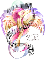Size: 1000x1300 | Tagged: safe, artist:catcatcatandcat, fluttershy, pony, g4, eyes closed, female, flying, hooves to the chest, music notes, musical staff, open mouth, singing, solo, spread wings, wings
