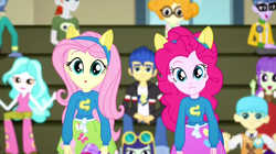 Size: 996x557 | Tagged: safe, screencap, blueberry cake, bright idea, crimson napalm, flash sentry, fluttershy, micro chips, paisley, pinkie pie, scribble dee, starlight, toe-tapper, equestria girls, g4, my little pony equestria girls: summertime shorts, steps of pep, background human, clothes, cute, diapinkes, o-face, shyabetes, uniform, wondercolts, wondercolts uniform