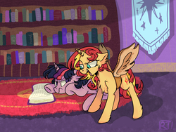 Size: 1600x1200 | Tagged: safe, artist:toris, sunset shimmer, twilight sparkle, alicorn, equestria girls, g4, annoyed, book, bookshelf, cardboard cutout, fake wings, female, lesbian, looking at each other, pixiv, shimmercorn, ship:sunsetsparkle, shipping, twilight sparkle (alicorn), twilight sparkle is not amused, unamused