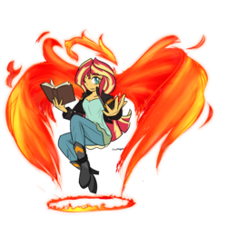 Size: 1000x1000 | Tagged: safe, artist:thattagen, sunset shimmer, equestria girls, g4, book, female, fiery shimmer, fire, halo, magic, one eye closed, simple background, solo, sunset phoenix, transparent background, wings, wink