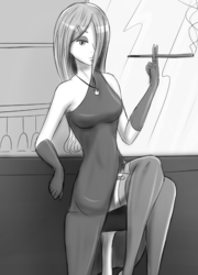 Size: 725x1006 | Tagged: source needed, safe, artist:shyanonymous, queen chrysalis, human, g4, cigarette, cigarette holder, clothes, dress, female, garter belt, humanized, monochrome, noir, solo, stockings, thigh highs