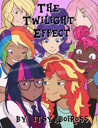 Size: 2000x2588 | Tagged: safe, artist:tycoontykun, applejack, fluttershy, pinkie pie, rainbow dash, rarity, sci-twi, sunset shimmer, twilight sparkle, fanfic:the twilight effect, equestria girls, g4, annoyed, crystal prep academy uniform, dark skin, fanfic, fanfic art, female, high res, human coloration, humane five, humane seven, humane six, lesbian, mane six, pinkie the shipper, school uniform, ship:sci-twishimmer, ship:sunsetsparkle, shipper on deck, shipping