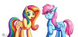 Size: 1962x940 | Tagged: safe, artist:jowyb, fluttershy, rainbow dash, pegasus, pony, g4, female, mare, multicolored hair, palette swap, recolor, simple background
