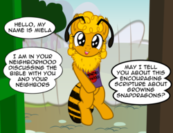 Size: 3300x2550 | Tagged: safe, artist:badumsquish, derpibooru exclusive, oc, oc only, oc:miela, bee pony, original species, antennae, book, curly mane, dialogue, door, female, floating, fluffy, flying, happy, high res, looking at you, smiling, solo, talking to viewer