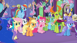 Size: 1920x1080 | Tagged: safe, screencap, applejack, arista, bittersweet (g4), bright smile, carrot top, castle (crystal pony), coco crusoe, discord, dj pon-3, fluffy clouds, fluttershy, frenulum (g4), golden harvest, linky, lucky clover, mayor mare, pinkie pie, princess luna, rainbow dash, rarity, shoeshine, star bright, starlight glimmer, thorax, trixie, vinyl scratch, changedling, changeling, celestial advice, g4, 1080p, female, flying, food, grin, king thorax, male, mare, popcorn, reformed four, sitting, smiling, stallion