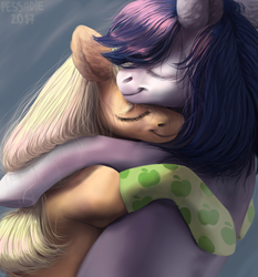 Size: 2800x3000 | Tagged: safe, artist:pessadie, applejack, oc, oc:constance everheart, pony, g4, canon x oc, clothes, everjack, eyes closed, female, high res, hug, male, shipping, socks, straight