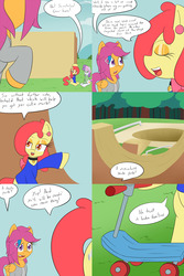 Size: 1600x2400 | Tagged: safe, artist:jake heritagu, apple bloom, scootaloo, sweetie belle, earth pony, pony, comic:ask motherly scootaloo, g4, clothes, comic, hairpin, motherly scootaloo, scooter, skate park, sweater, sweatshirt