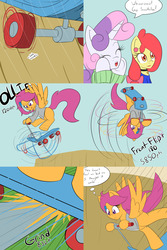 Size: 1600x2400 | Tagged: safe, artist:jake heritagu, apple bloom, scootaloo, sweetie belle, earth pony, pony, comic:ask motherly scootaloo, g4, clothes, comic, hairpin, motherly scootaloo, scooter, sweater, sweatshirt