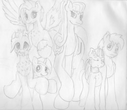 Size: 3934x3393 | Tagged: safe, artist:andandampersand, derpibooru exclusive, oc, oc only, oc:aureai, oc:chip, oc:culls toxicity, oc:cyan lightning, oc:dee valerie, earth pony, pegasus, pony, unicorn, chest fluff, clothes, colt, female, fluffy, grayscale, high res, male, mare, monochrome, silly, silly pony, stallion, traditional art, wings