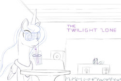 Size: 1125x750 | Tagged: safe, artist:stillwaterspony, princess luna, alicorn, pony, g4, atg 2017, cup, drink, drinking, female, lineart, mare, newbie artist training grounds, nightclub, partial color, rough, sketch, spread wings, wings