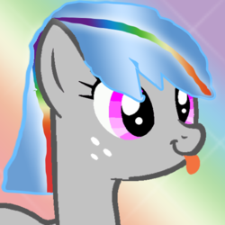 Size: 1024x1024 | Tagged: safe, oc, oc only, oc:rainbow streak, pegasus, pony, 1000 hours in ms paint, femboy, freckles, gay pride, gradient background, gradient mane, happy, lgbt, male, ms paint, pink eyes, pride, rainbow background, rainbow hair, single, solo, sparkles, tongue out