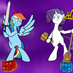 Size: 2500x2500 | Tagged: safe, artist:bennimarru, rainbow dash, rarity, pegasus, pony, unicorn, g4, armello, dice, female, fight, game, hammer, high res, mare, staff, sword, weapon