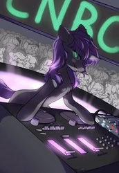 Size: 1406x2048 | Tagged: safe, artist:snowillusory, oc, oc only, pony, unicorn, audience, chest fluff, china ponycon, disc jockey, glowing eyes, nightclub, performance, record, solo focus, turntable