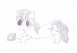 Size: 2048x1420 | Tagged: safe, artist:ragmo, oc, oc only, oc:swift sword, pony, unicorn, atg 2017, box, curious, female, monochrome, newbie artist training grounds, solo, traditional art