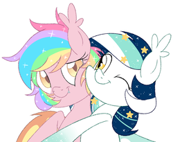 Size: 1022x839 | Tagged: safe, artist:owlity, oc, oc only, oc:paper stars, oc:wistful galaxy, bat pony, pony, hug, simple background, white background