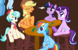 Size: 1278x812 | Tagged: safe, artist:sallycars, applejack, coco pommel, rainbow dash, starlight glimmer, trixie, twilight sparkle, alicorn, earth pony, pegasus, pony, unicorn, g4, female, happy, laughing, mare, ms paint, sitting, table