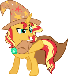 Size: 1024x1155 | Tagged: safe, artist:marian9, sunset shimmer, pony, unicorn, g4, accessory swap, alternate universe, boasting, cape, clothes, female, hat, mare, pointing, simple background, solo, the great and powerful, transparent background, vector