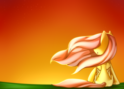 Size: 2360x1700 | Tagged: safe, artist:ladyunilove, fluttershy, pony, g4, female, folded wings, hair over eyes, looking away, open mouth, rear view, sitting, solo, sunrise, sunset, turned head, windswept mane
