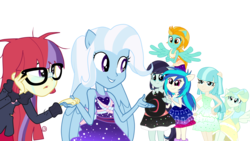 Size: 1920x1080 | Tagged: safe, artist:marian9, coco pommel, coloratura, dj pon-3, lightning dust, moondancer, trixie, vapor trail, vinyl scratch, equestria girls, g4, my little pony equestria girls, bare shoulders, clothes swap, crying, equestria girls-ified, fall formal outfits, female, glasses, ponied up, scene interpretation, simple background, sleeveless, strapless, transparent background