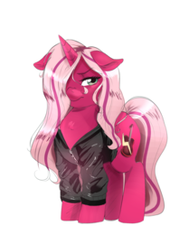 Size: 2344x3125 | Tagged: safe, artist:mrscurlystyles, oc, oc only, oc:pynk hyde, pony, unicorn, clothes, commission, cute, female, floppy ears, guitaristpone, hair over one eye, hater, high res, jacket, mare, pink coat, rocker, simple background