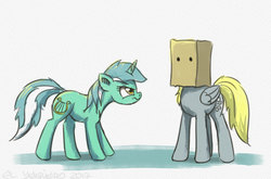 Size: 859x568 | Tagged: safe, artist:el-yeguero, derpy hooves, lyra heartstrings, pegasus, pony, unicorn, g4, abstract background, bag on head, disguise, duo, female, hidden, mare, paper bag, paper-thin disguise, suspicious