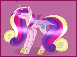 Size: 766x574 | Tagged: safe, artist:nyokoart, princess cadance, alicorn, pony, g4, colored wings, eyes closed, female, mare, multicolored wings, pink background, simple background, solo