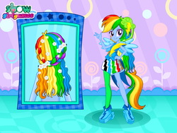 Size: 800x600 | Tagged: safe, artist:user15432, rainbow dash, equestria girls, g4, my little pony equestria girls: rainbow rocks, dress up, dress up game, dressup, dressup game, dressup games, enjoy dressup, new hair style, new hairstyle, pegasus wings, ponied up, rainbow hair, rainbow rocks outfit, show girlgames, solo, winged humanization, wings